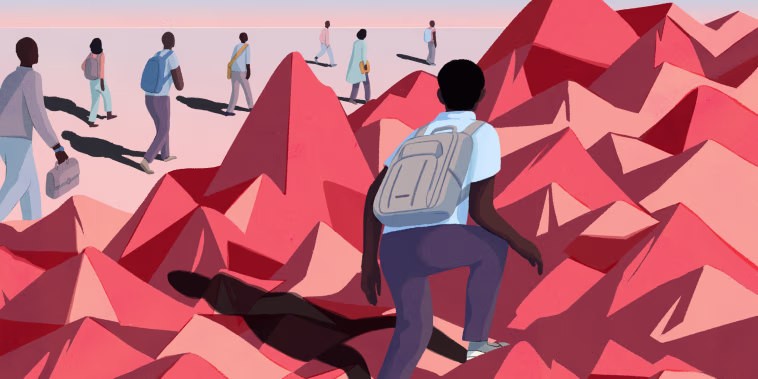 Illustration of man in backpack climbing mountains by himself. Other students in the distance walk on flat ground.