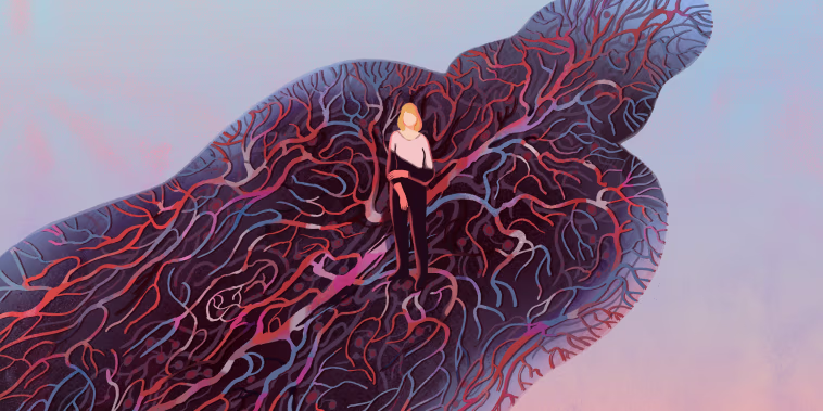 Illustration of woman standing in shadowed figure of herself.