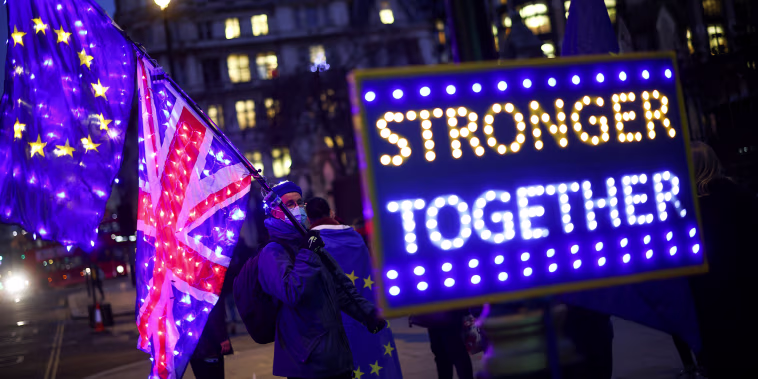 Image: Anti-Brexit protesters demonstrate outside the Houses of Parliament in London