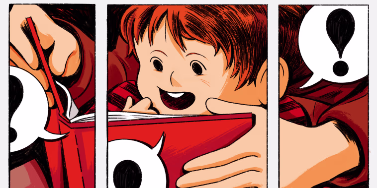 Image: Illustration, in three panels, of a child reading a children's book as his fathers hands hold it, with comic-style text bubbles showing exclamation points