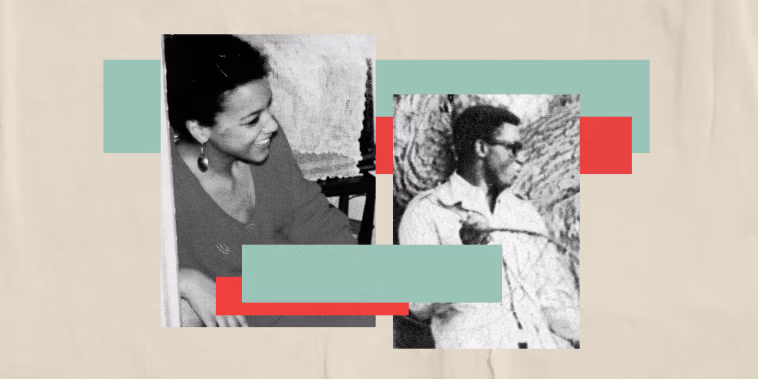Image: A collage showing Rebecca Carroll as a teenager and a photo of her father on a cream, paper background with teal and peach strips.