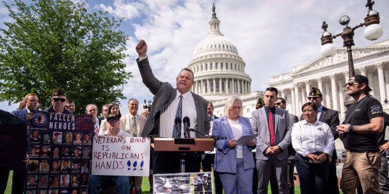 Image: Sen. Jon Tester, D-MT, speaks during a news conference about the Honoring Our Promise to Address Comprehensive Toxics (PACT) Act on July 28, 2022 in Washington, D.C.