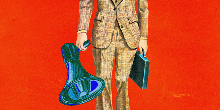 Photo Illustration: A man holding a briefcase in one hand and a megaphone in the other