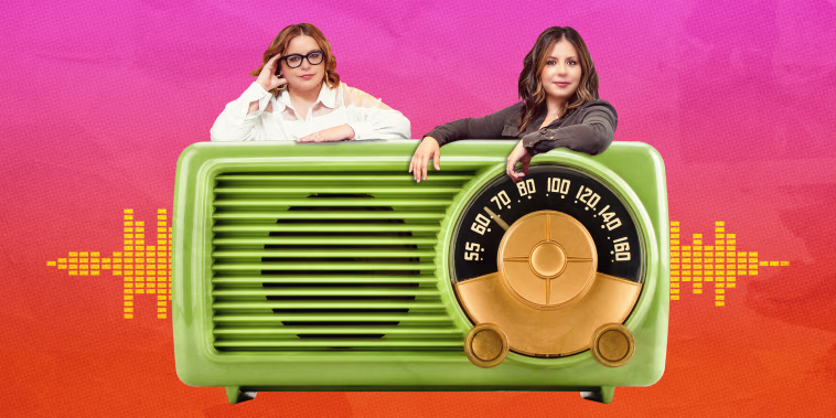 Photo illustration: Jess Morales Rocketto and Stephanie Valencia lean on a vintage radio with sound waves behind them.