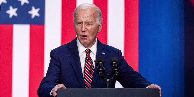 Joe Biden addresses attendees at a podium in front of an american flag