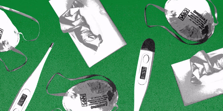 Repeating pattern of thermometers, N95 masks, and tissue boxes against a green background.