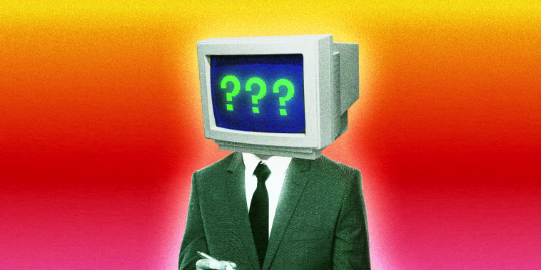 A job recruiter holding a clipboard with a computer monitor for a head displaying three question marks.
