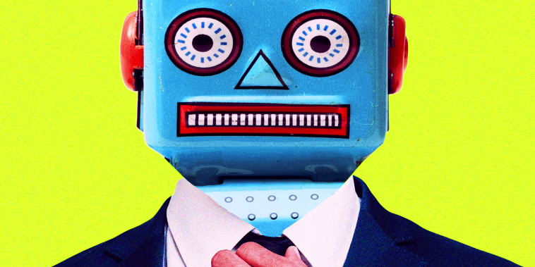 Robot wearing a suit and straightening tie.