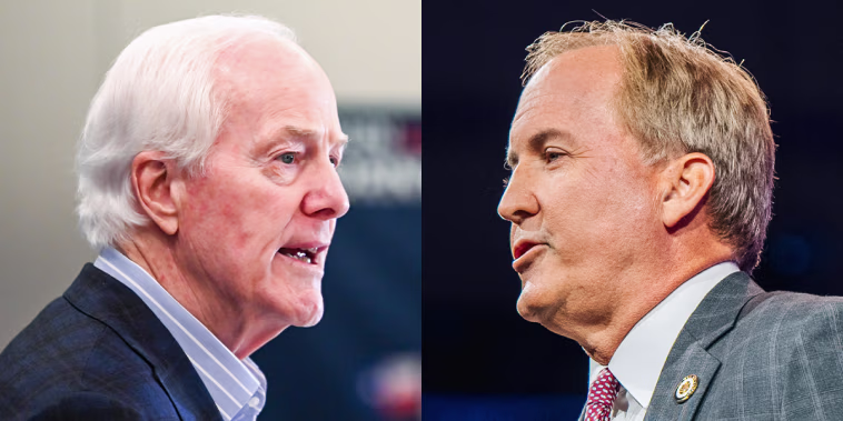 A split composite image of John Cornyn, left, and Ken Paxton