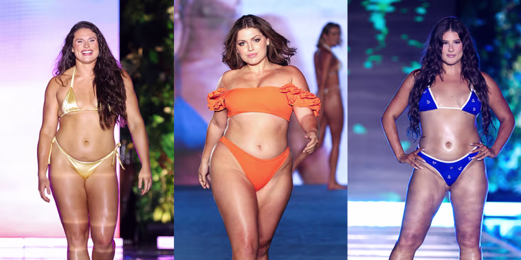 Ilona Maher, Ella Halikas and Remi Bader walking in Sports Illustrated Swimsuit Runway Show.