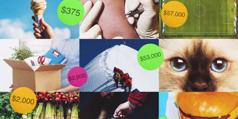 Illustration of photos like ice cream cones, a person getting tattooed, people climbing Mount Everest, and price tag stickers.