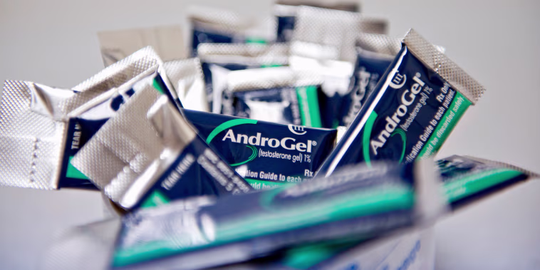 AndroGel testosterone gel is displayed for photograph at a pharmacy.