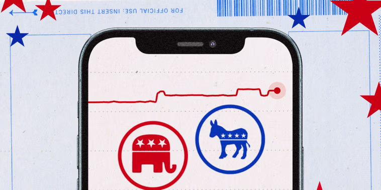 Photo illustration of a phone with Kalshi graphs and Republican and Democratic symbols. The background has a voting ballot and stars.