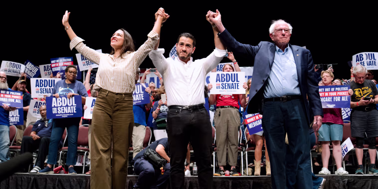From left, Alexandria Ocasio-Cortez, Abdul El-Sayed, and Bernie Sanders