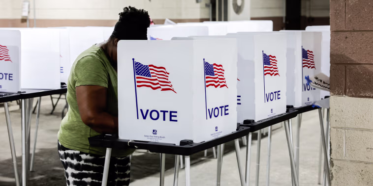 A person stands at a voting booth
