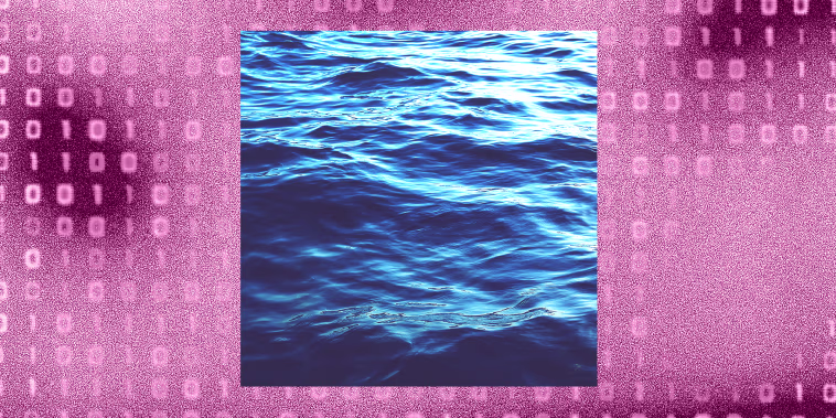 Photo illustration of a pink background with coding and an image of water in the center. 