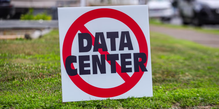 A yard sign expressing opposition to allowing data center construction.