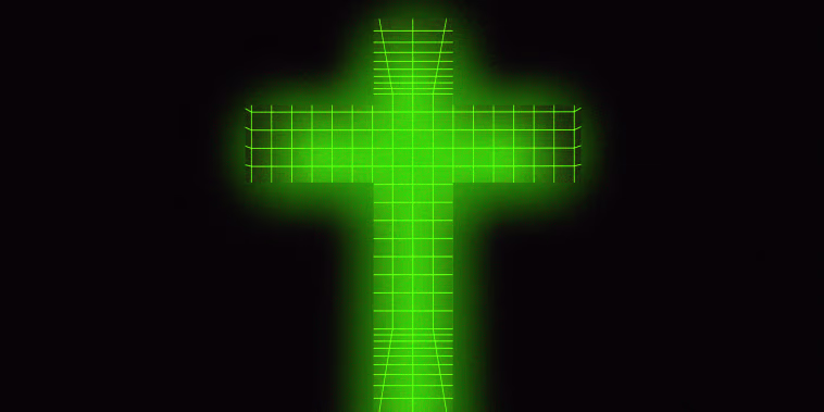 A cross made of a 3D grid, glowing green.
