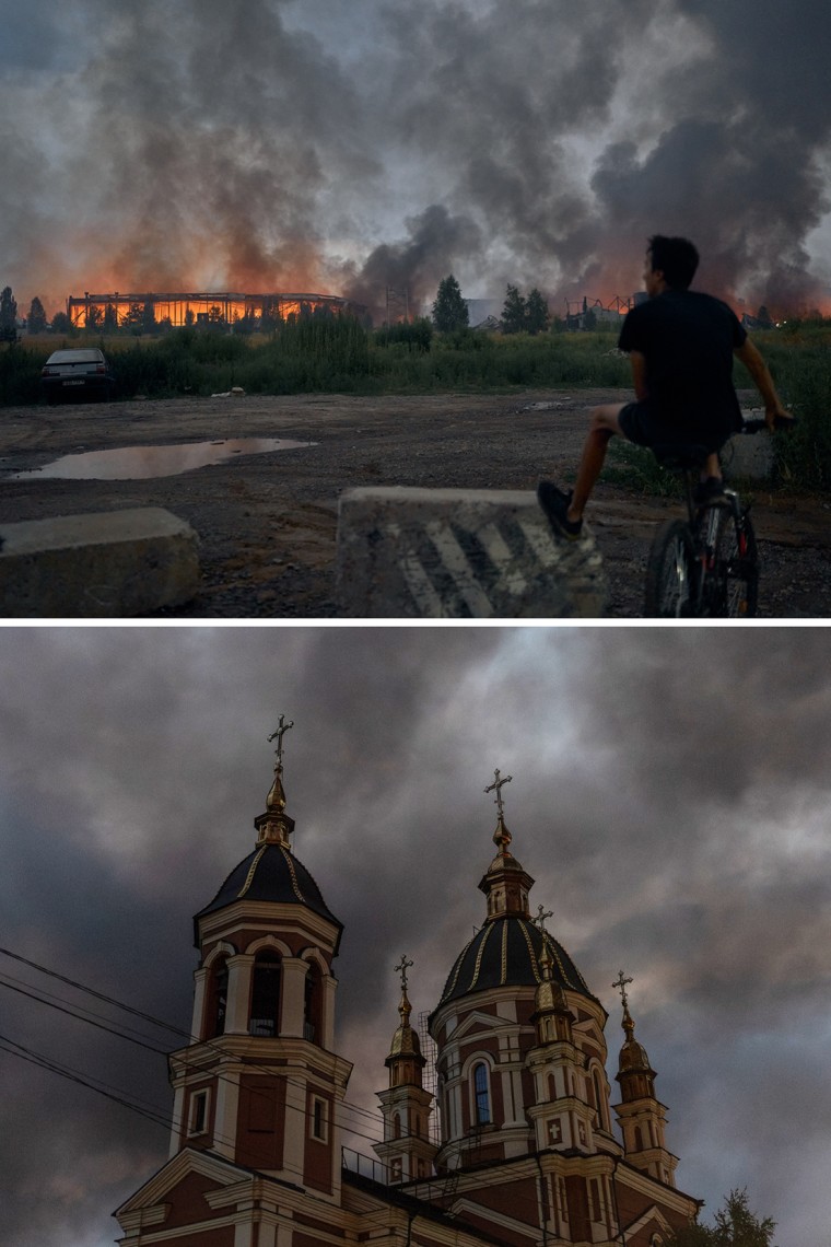 Image: Quad composite image made up of scenes from Kyiv following a Russian missile attack