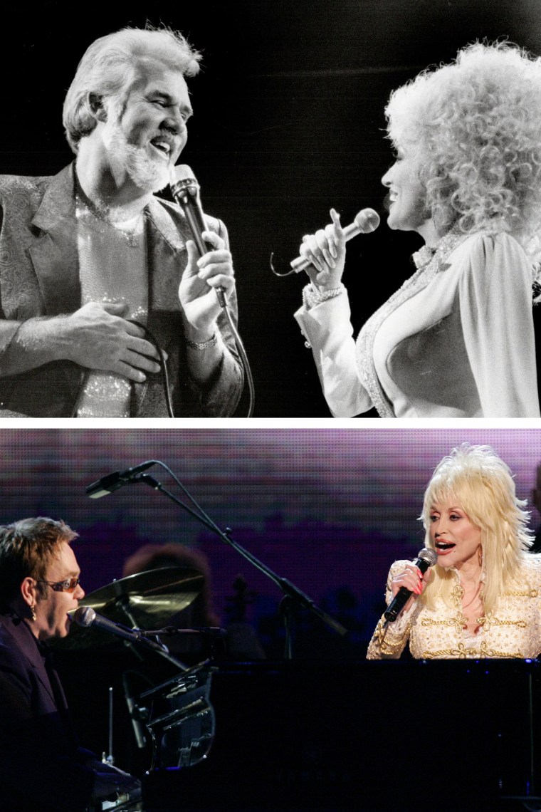 A split composite of Dolly Parton performing separately with Miley Cyrus, Kenny Rogers and Elton John.