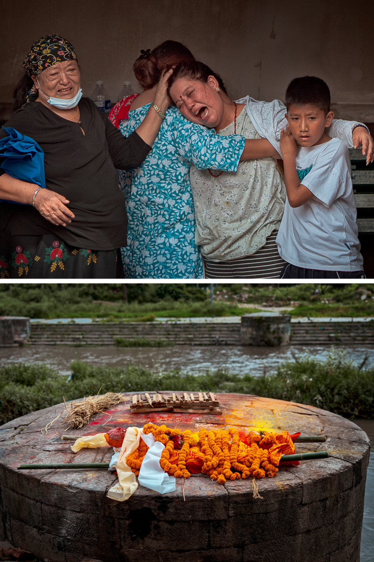 Image: A four part photo composite, made up of images of the symbolic cremation.