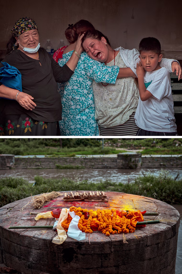 Image: A four part photo composite, made up of images of the symbolic cremation.