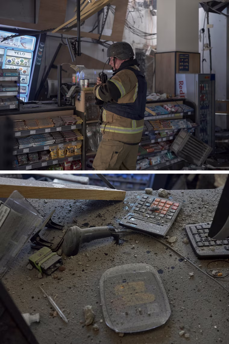 Image: A 4-part composite image showing different scenes from a Russian drone strike on an petrol station in Kyiv, Ukraine.