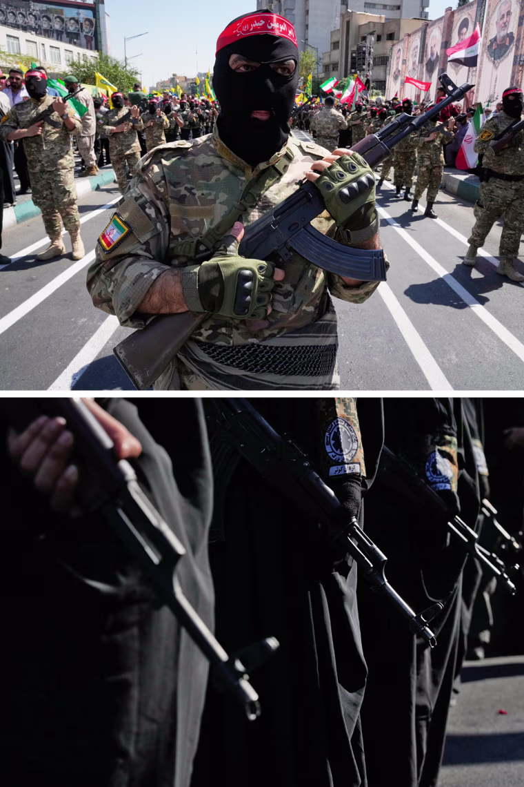 Image: 4-part composite of images of a rally in Tehran.