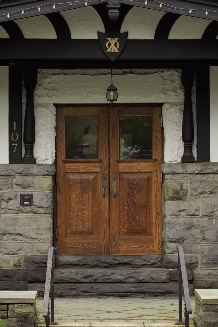 The front entrance to a fraternity house.