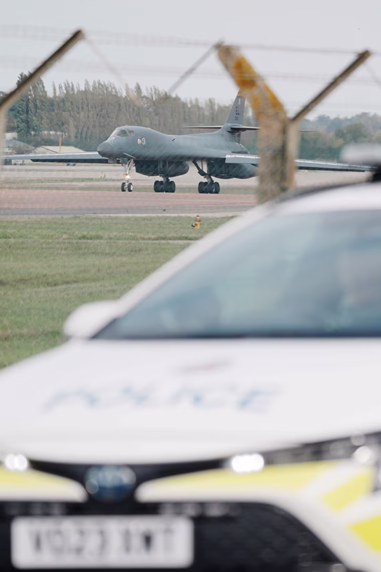 A U.S. Air Force Rockwell B-1 Lancer bomber lands at RAF Fairford last week.Ben Birchall / Press Association via Getty