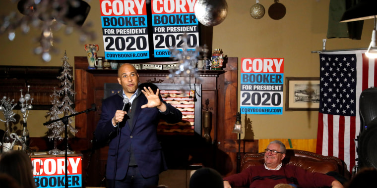 Image: Sen. Cory Booker, D-NJ, speaks at a meet and greet with locals in Marshalltown, Iowa, on Feb. 9, 2019.