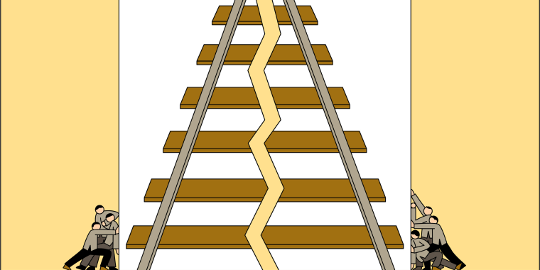 Illustration of railroad workers pushing together an image of a broken railway.