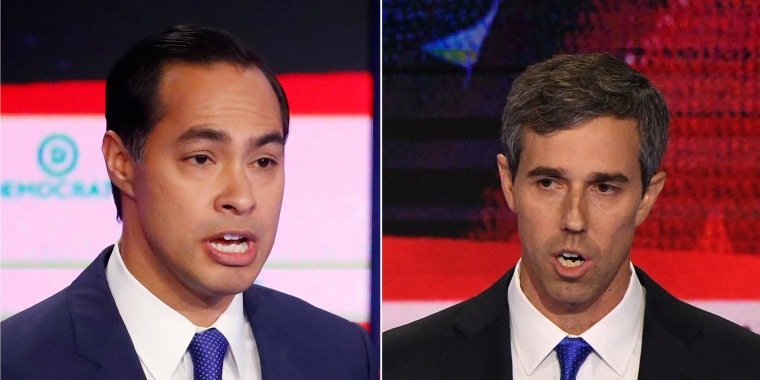 Image: Democratic presidential hopefuls Julian Castro, left, and Beto O'Rourke, right, take part in yhe first Democratic primary debate of the 2020 presidential campaign season