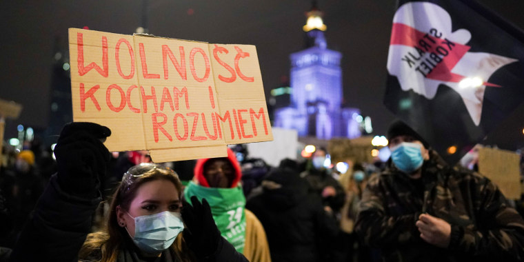 Image: Protest against the verdict restricting abortion rights, in Warsaw