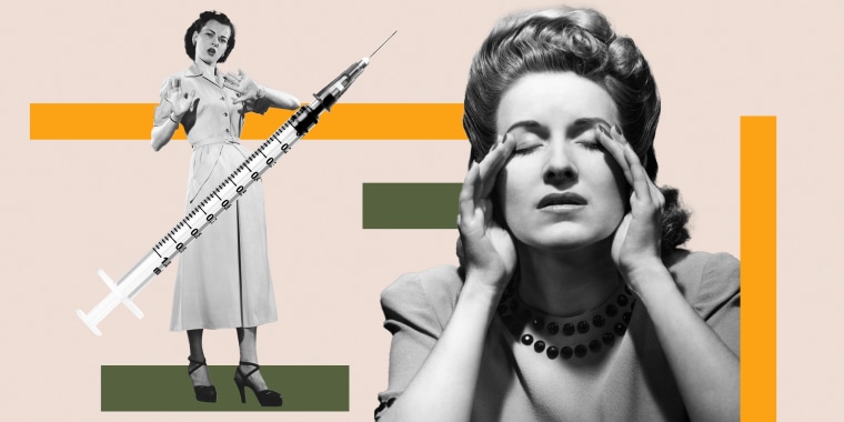 Illustration of annoyed woman with another woman pushing a vaccine away