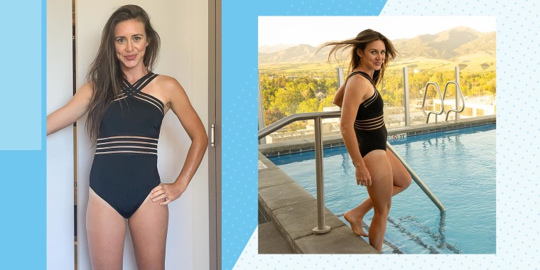 Two images of Katie Jackson wearing the Hilor one-piece swimsuit from Amazon