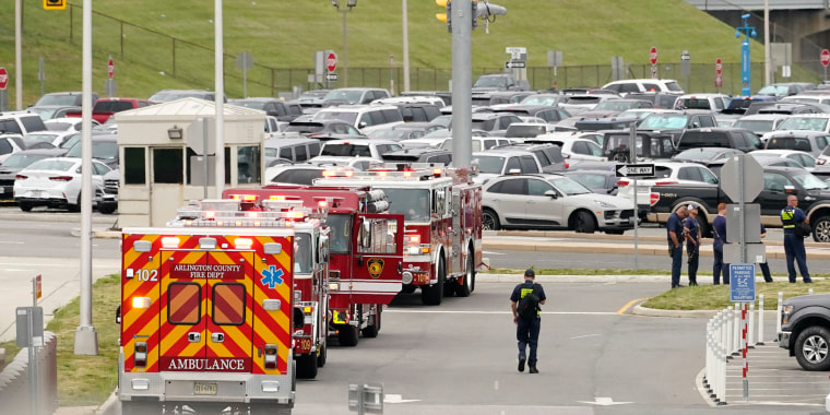 Image: Rescue vehicles outside the Pentagon Metro area in Washington on Aug. 3, 2021 after multiple gunshots were fired near a platform by the facility's Metro station.