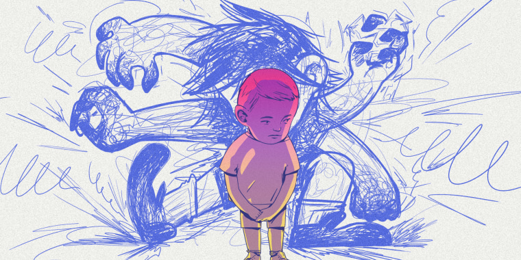 Illustration of a small, sad child being overshadowed by a larger, angry child bully.