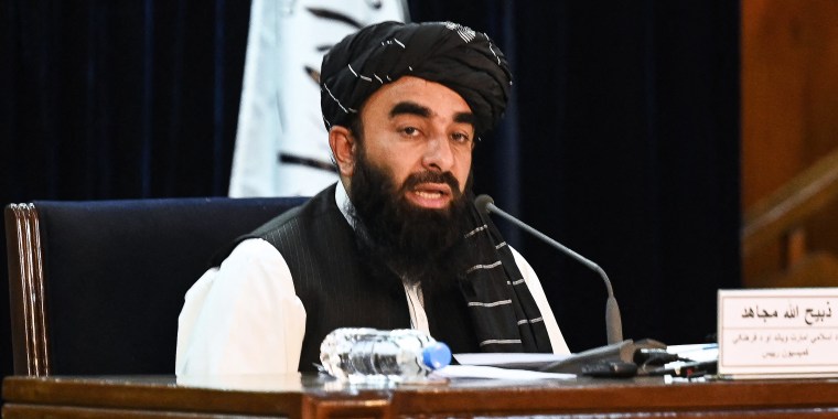 Taliban spokesman Zabihullah Mujahid announces the formation of an interim government in Kabul on Sept. 7, 2021.