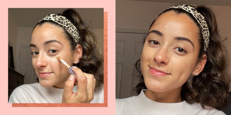 Writer Jillian Ortiz before and after using Shape Tape Contour Concealer