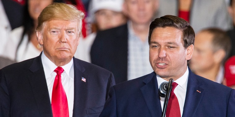 Image: Republican gubernatorial candidate Ron DeSantis and President Donald Trump at a campaign rally at on Nov. 3, 2018 in Pensacola, Fla.