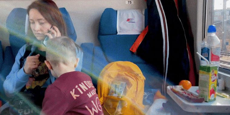 Video of Ukrainian refugees Natalia and her son, Gleb, traveling from Poland to Germany by train.