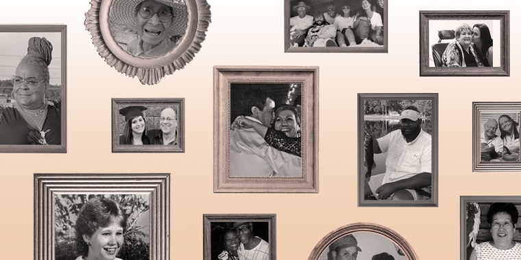 Photo illustration: Framed and family photos arranged on a beige colored surface.