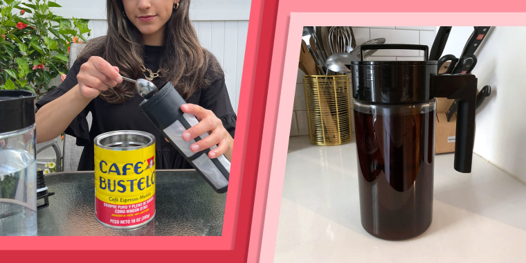 Split image of a Woman making cold brew and a finished cold brew