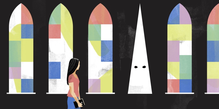 Illustration of an Asian American woman walking past stained glass church windows. One window is in the shape of a Ku Klux Klan-style white hood.