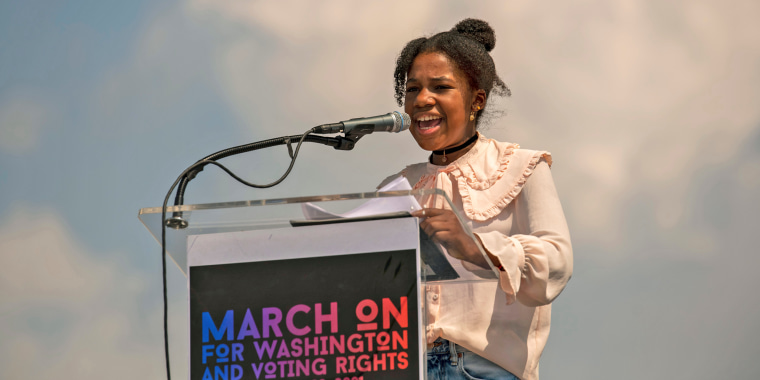 Yolanda Renee King, granddaughter of Dr. Martin Luther King, Jr., speaks at the National Action Network's March On For Voting Rights event in Washington on Aug. 28, 2021.