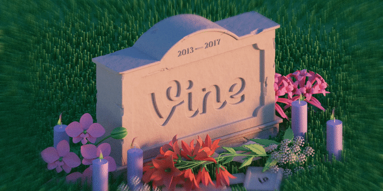 Illustration of a headstone reading "Vine, 2013 - 2017" with flowers and candles.