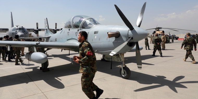 U.S. funded Super Tucano planes sit on display during hand over from NATO led Resolute Support to Afghanistan at the military Airport in Kabul, on Sept. 17, 2020.
