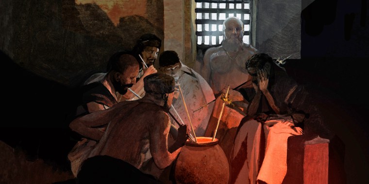 An artist's conception shows men drinking beer from a communal
vessel.
