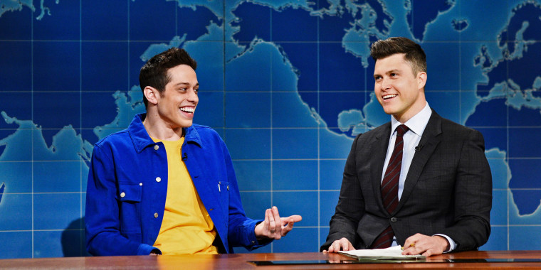Pete Davidson and anchor Colin Jost during "Weekend Update" on "Saturday Night Live" in 2019.